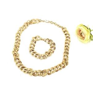 Monet Vintage Gold Tone Heavy Chain Chunky Link Collar Necklace Bracelet Set